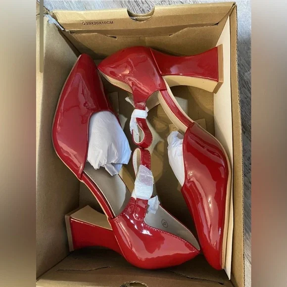 Red Chunky High Heel Shoes Pointed Toe, Ankle strap, Leather Upper Woman's 9 M - Picture 6 of 14